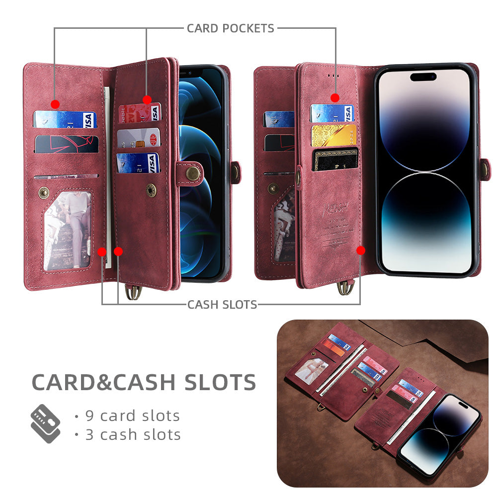 MEGSHI 021 Series For iPhone 14 Pro Magnetic Detachable Wallet PU Leather Protective Shell Folding Stand Phone Case