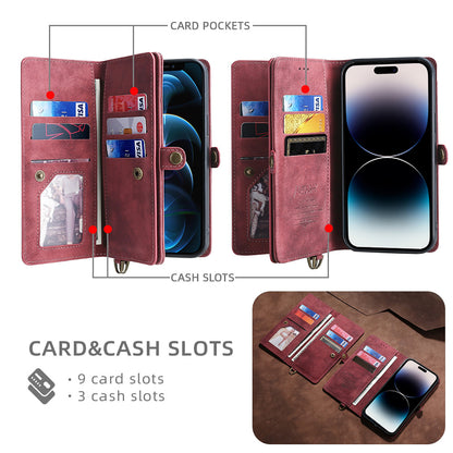 MEGSHI 021 Series For iPhone 14 Pro Magnetic Detachable Wallet PU Leather Protective Shell Folding Stand Phone Case
