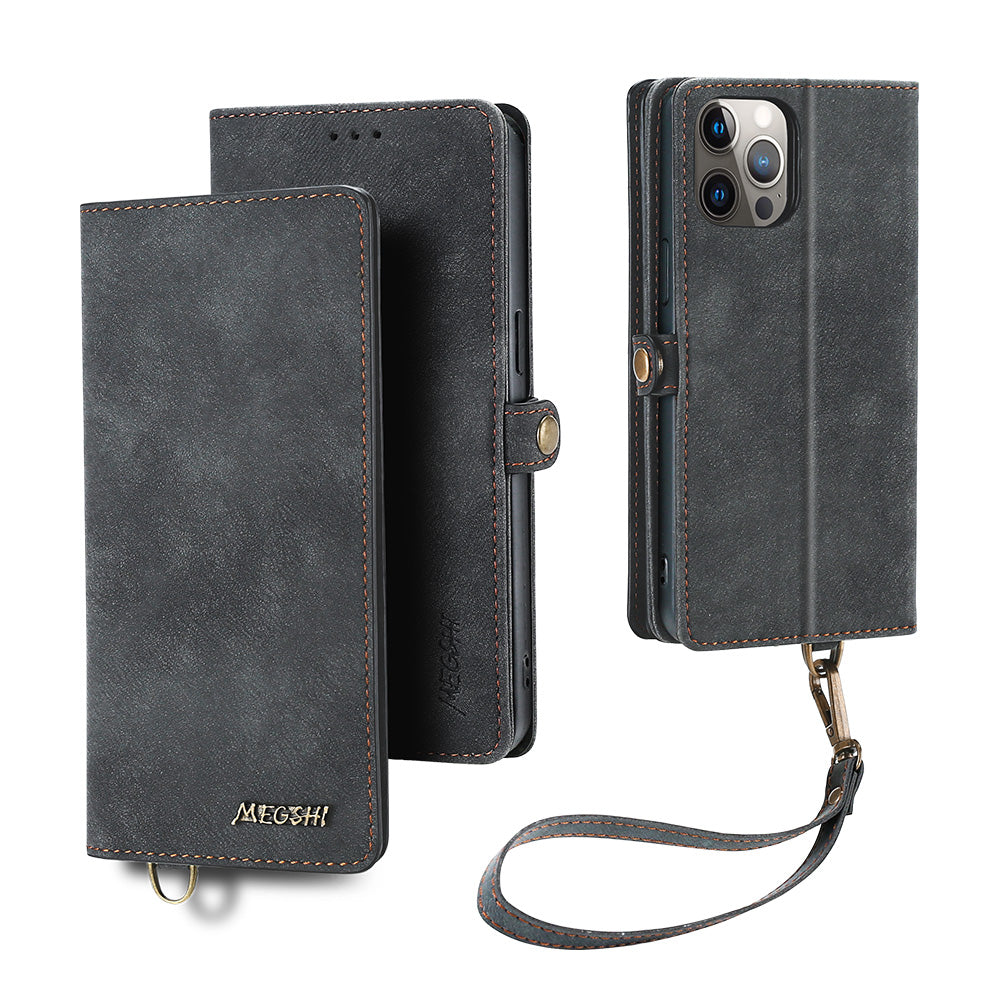 MEGSHI 021 Series For iPhone 14 Pro Magnetic Detachable Wallet PU Leather Protective Shell Folding Stand Phone Case