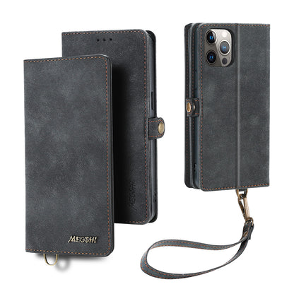 MEGSHI 021 Series For iPhone 14 Pro Magnetic Detachable Wallet PU Leather Protective Shell Folding Stand Phone Case