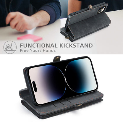 MEGSHI 021 Series For iPhone 14 Pro Magnetic Detachable Wallet PU Leather Protective Shell Folding Stand Phone Case