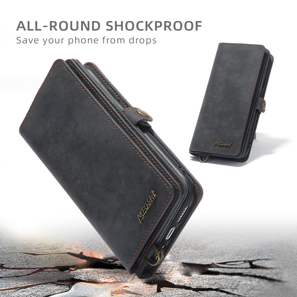 MEGSHI 021 Series For iPhone 14 Pro Magnetic Detachable Wallet PU Leather Protective Shell Folding Stand Phone Case