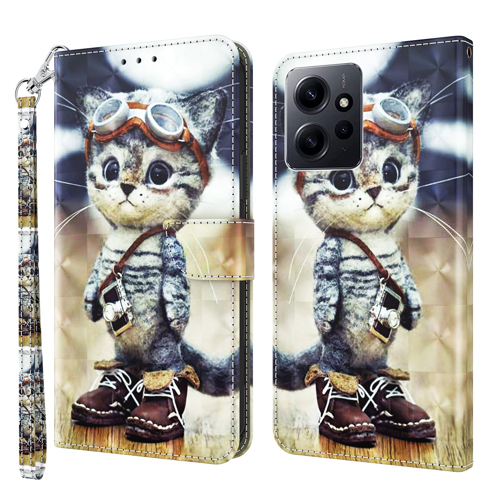 For Xiaomi Redmi Note 12 4G Phone Stand Case PU Leather 3D Pattern Printing Wallet Cover with Strap