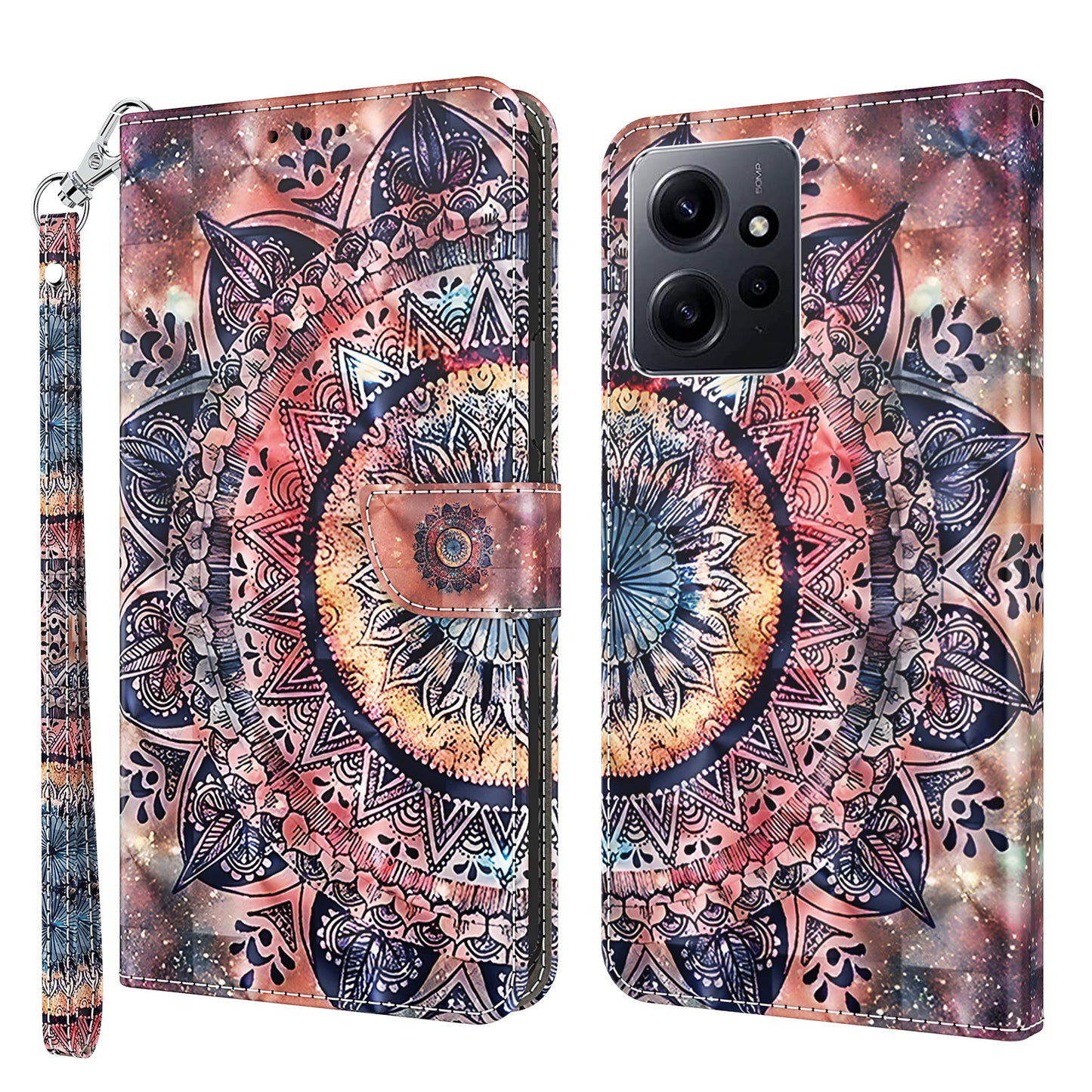 For Xiaomi Redmi Note 12 4G Phone Stand Case PU Leather 3D Pattern Printing Wallet Cover with Strap