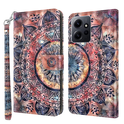 For Xiaomi Redmi Note 12 4G Phone Stand Case PU Leather 3D Pattern Printing Wallet Cover with Strap
