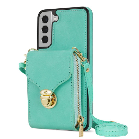 For Samsung Galaxy S21 FE 5G PU Leather Coated TPU Phone Case Crossbody Zipper Purse Card Holder Kickstand Cover