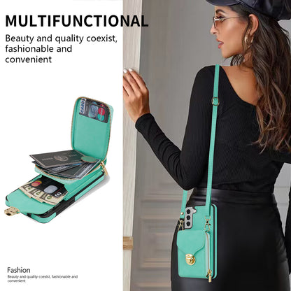 For Samsung Galaxy S21 FE 5G PU Leather Coated TPU Phone Case Crossbody Zipper Purse Card Holder Kickstand Cover