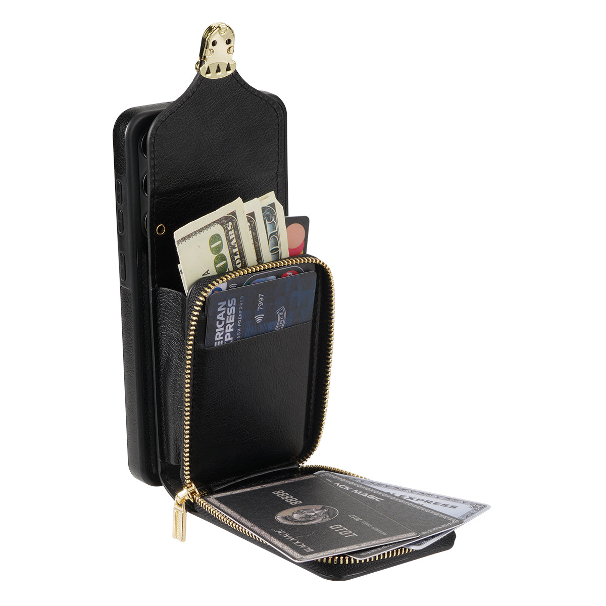 For Samsung Galaxy S21 FE 5G PU Leather Coated TPU Phone Case Crossbody Zipper Purse Card Holder Kickstand Cover