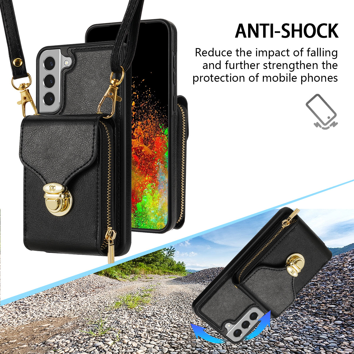 For Samsung Galaxy S21 FE 5G PU Leather Coated TPU Phone Case Crossbody Zipper Purse Card Holder Kickstand Cover