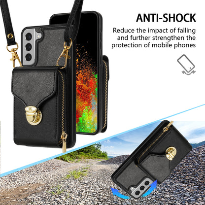 For Samsung Galaxy S21 FE 5G PU Leather Coated TPU Phone Case Crossbody Zipper Purse Card Holder Kickstand Cover