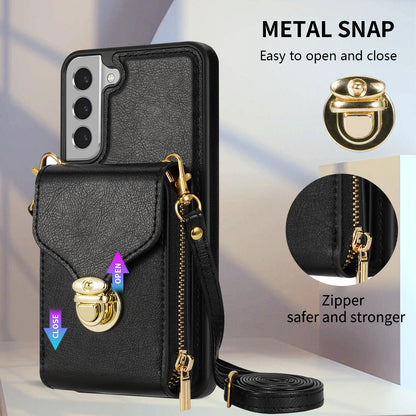 For Samsung Galaxy S21 FE 5G PU Leather Coated TPU Phone Case Crossbody Zipper Purse Card Holder Kickstand Cover