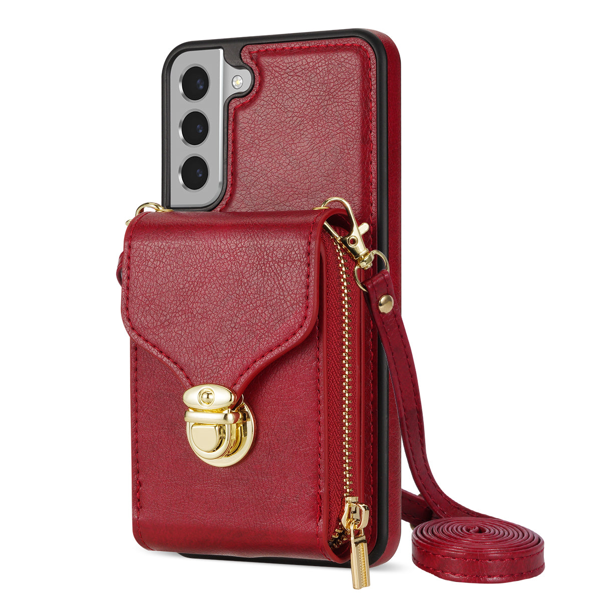 For Samsung Galaxy S21 FE 5G PU Leather Coated TPU Phone Case Crossbody Zipper Purse Card Holder Kickstand Cover