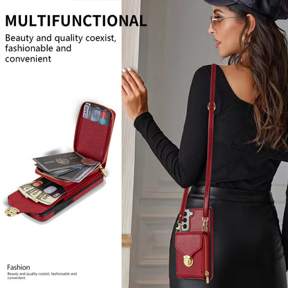 For Samsung Galaxy S21 FE 5G PU Leather Coated TPU Phone Case Crossbody Zipper Purse Card Holder Kickstand Cover