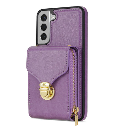 For Samsung Galaxy S21 FE 5G PU Leather Coated TPU Phone Case Crossbody Zipper Purse Card Holder Kickstand Cover