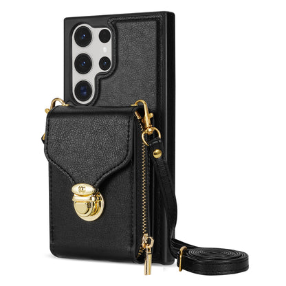 For Samsung Galaxy S23 Ultra Crossbody Card Holder Kickstand Case PU Leather Coated TPU Zipper Phone Cover