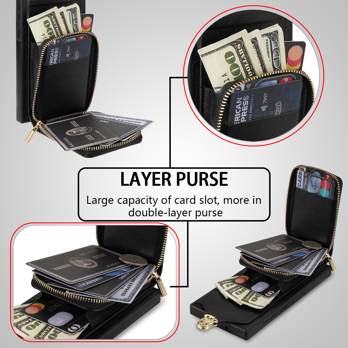 For Samsung Galaxy S23 Ultra Crossbody Card Holder Kickstand Case PU Leather Coated TPU Zipper Phone Cover