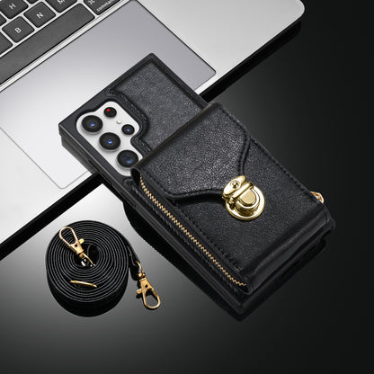 For Samsung Galaxy S23 Ultra Crossbody Card Holder Kickstand Case PU Leather Coated TPU Zipper Phone Cover