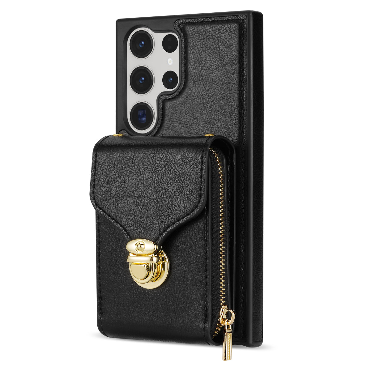 For Samsung Galaxy S23 Ultra Crossbody Card Holder Kickstand Case PU Leather Coated TPU Zipper Phone Cover