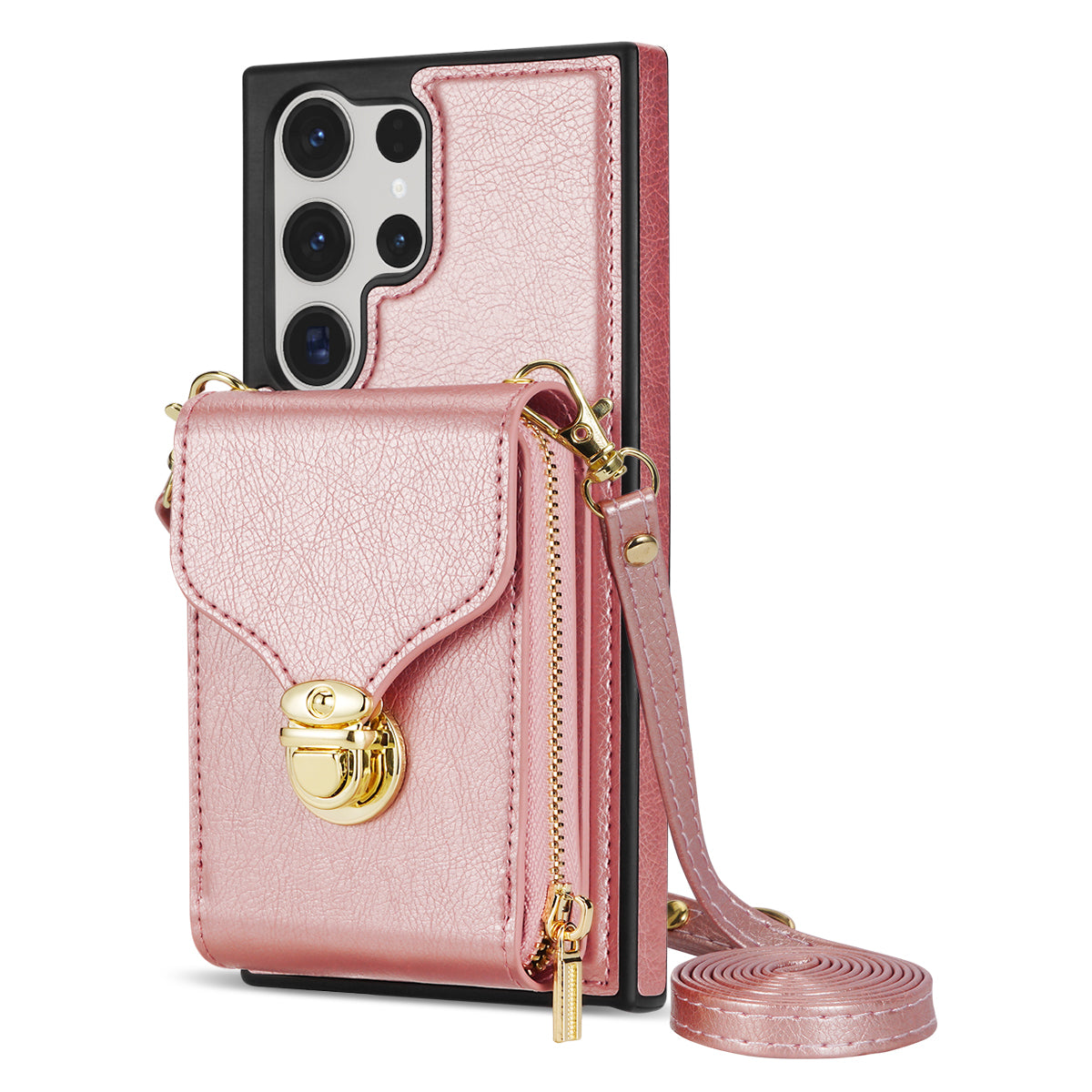 For Samsung Galaxy S23 Ultra Crossbody Card Holder Kickstand Case PU Leather Coated TPU Zipper Phone Cover