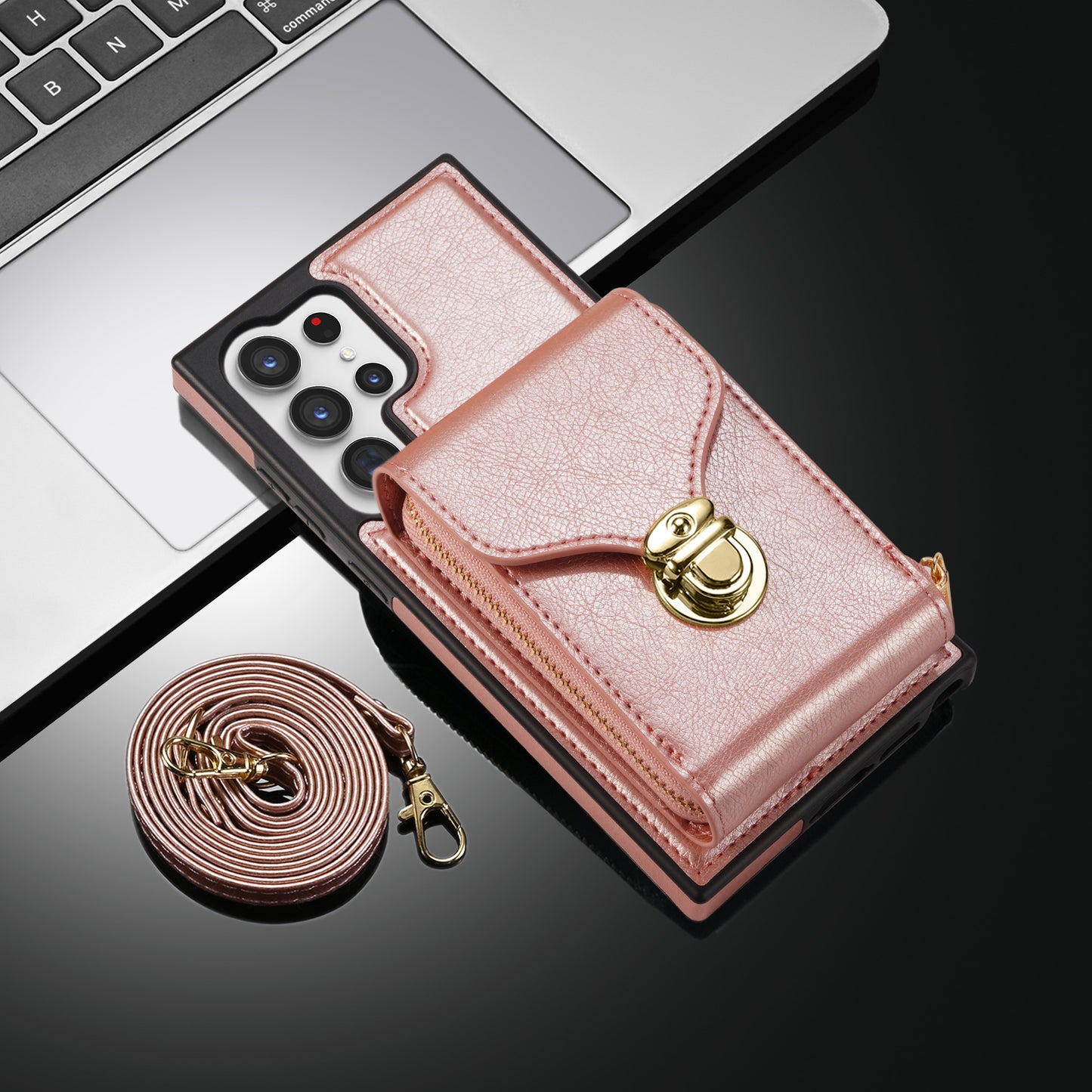 For Samsung Galaxy S23 Ultra Crossbody Card Holder Kickstand Case PU Leather Coated TPU Zipper Phone Cover