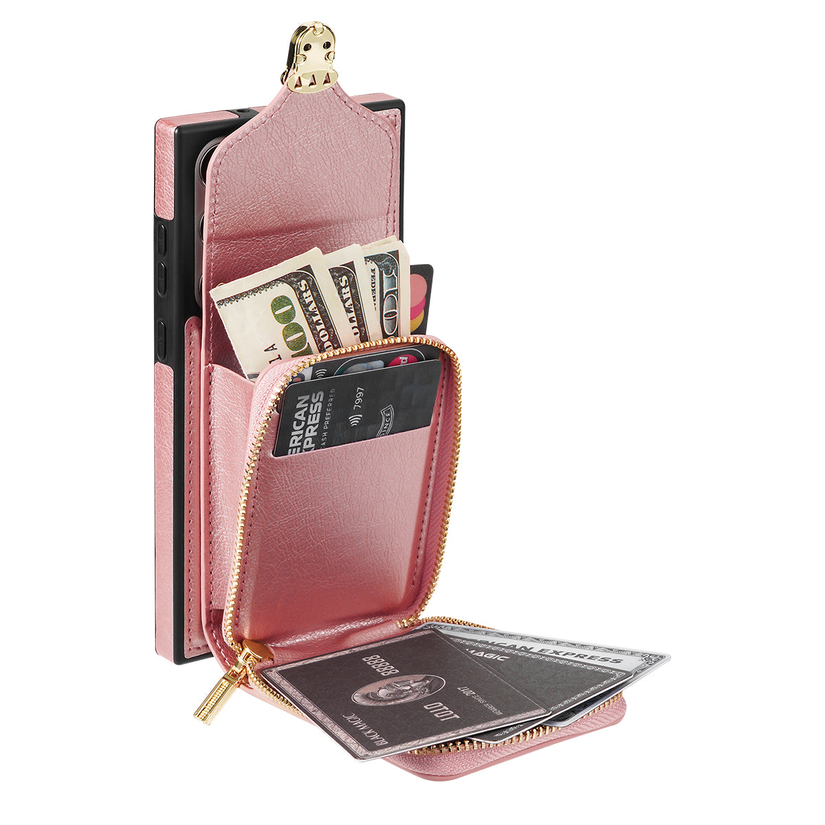 For Samsung Galaxy S23 Ultra Crossbody Card Holder Kickstand Case PU Leather Coated TPU Zipper Phone Cover