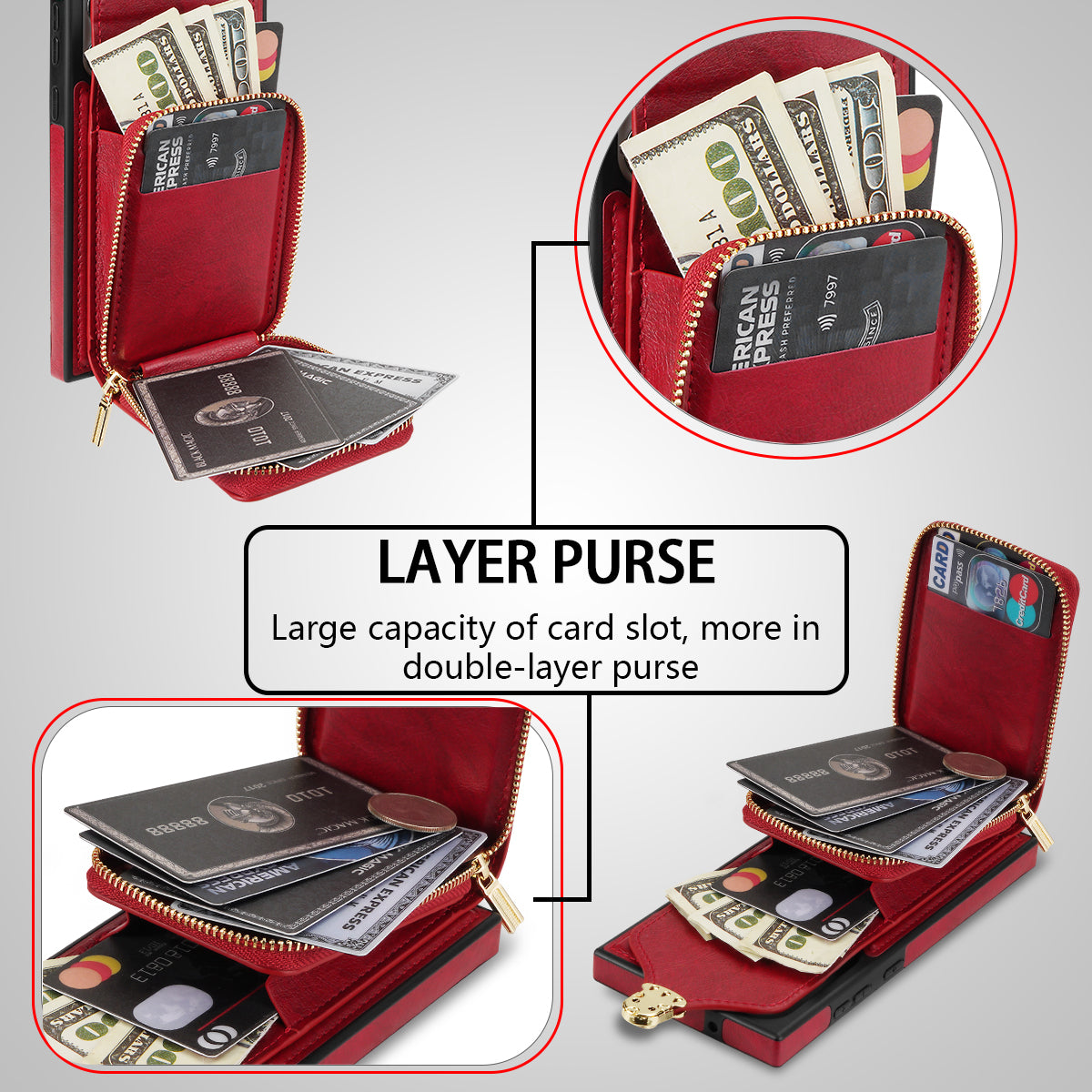 For Samsung Galaxy S23 Ultra Crossbody Card Holder Kickstand Case PU Leather Coated TPU Zipper Phone Cover