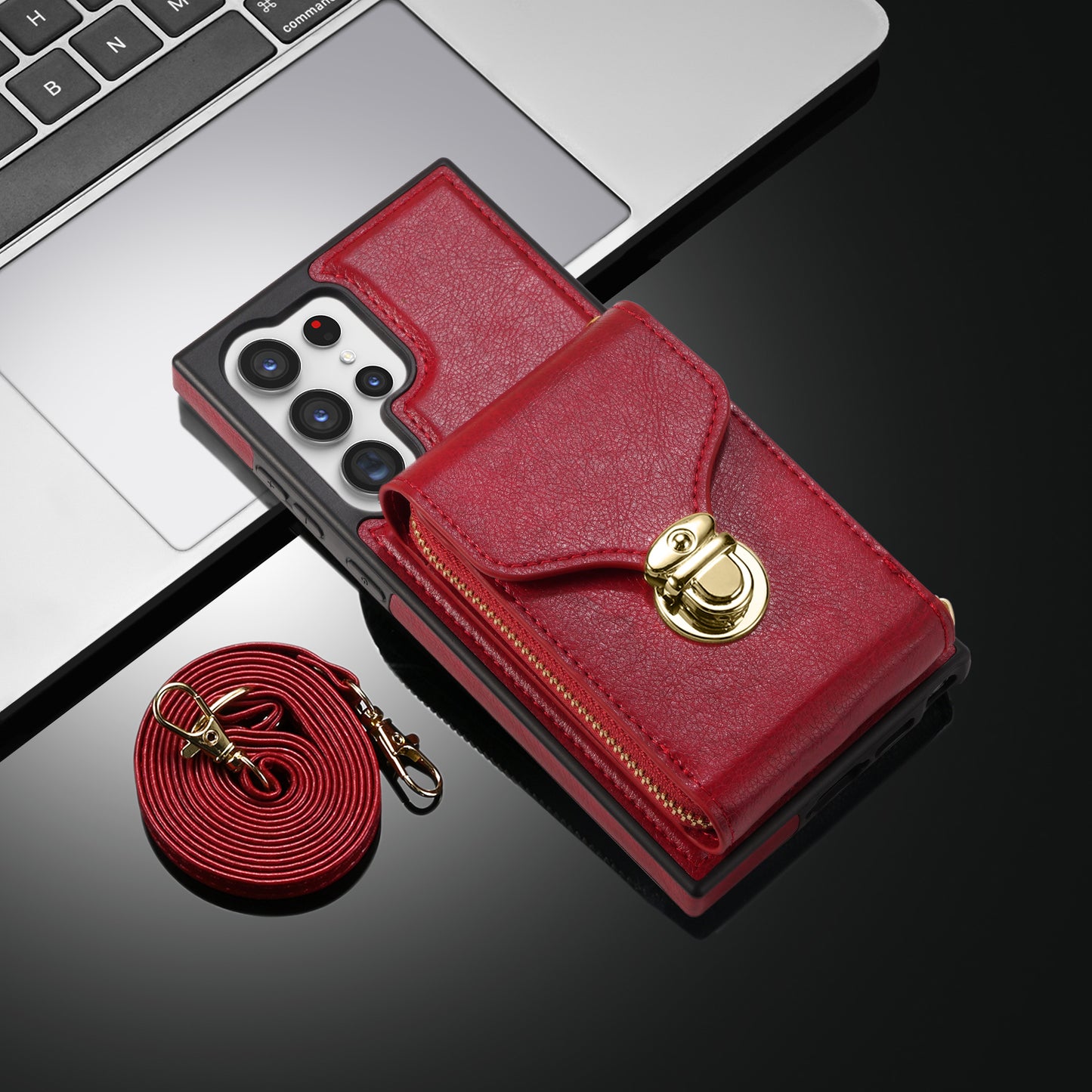 For Samsung Galaxy S23 Ultra Crossbody Card Holder Kickstand Case PU Leather Coated TPU Zipper Phone Cover