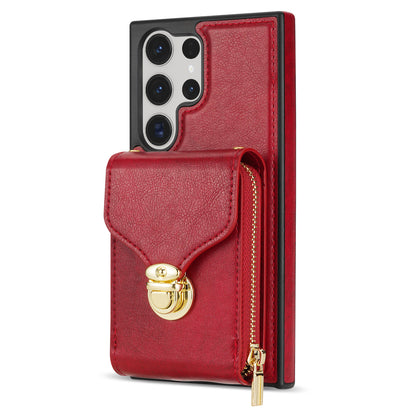 For Samsung Galaxy S23 Ultra Crossbody Card Holder Kickstand Case PU Leather Coated TPU Zipper Phone Cover