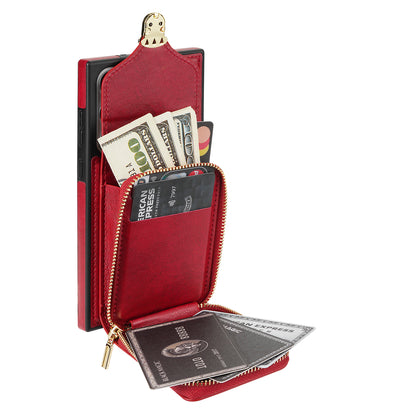For Samsung Galaxy S23 Ultra Crossbody Card Holder Kickstand Case PU Leather Coated TPU Zipper Phone Cover