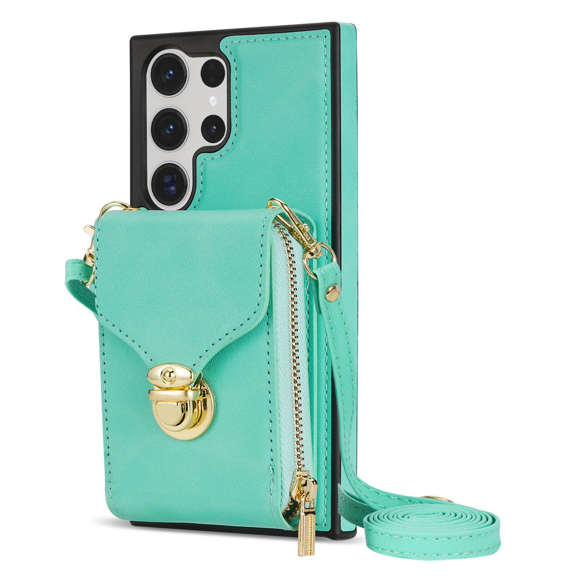 For Samsung Galaxy S23 Ultra Crossbody Card Holder Kickstand Case PU Leather Coated TPU Zipper Phone Cover