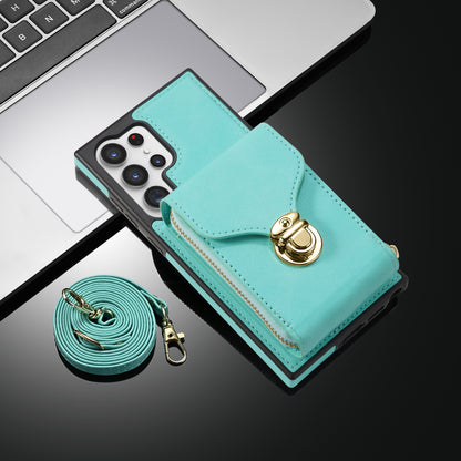 For Samsung Galaxy S23 Ultra Crossbody Card Holder Kickstand Case PU Leather Coated TPU Zipper Phone Cover