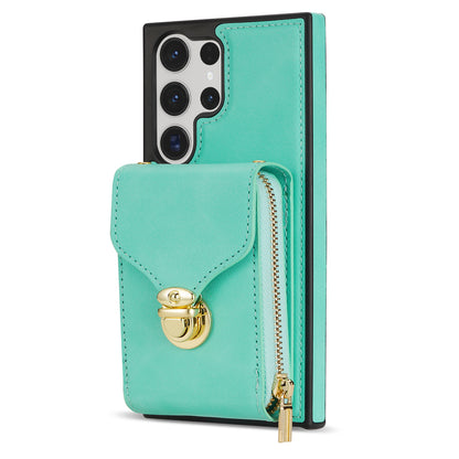 For Samsung Galaxy S23 Ultra Crossbody Card Holder Kickstand Case PU Leather Coated TPU Zipper Phone Cover