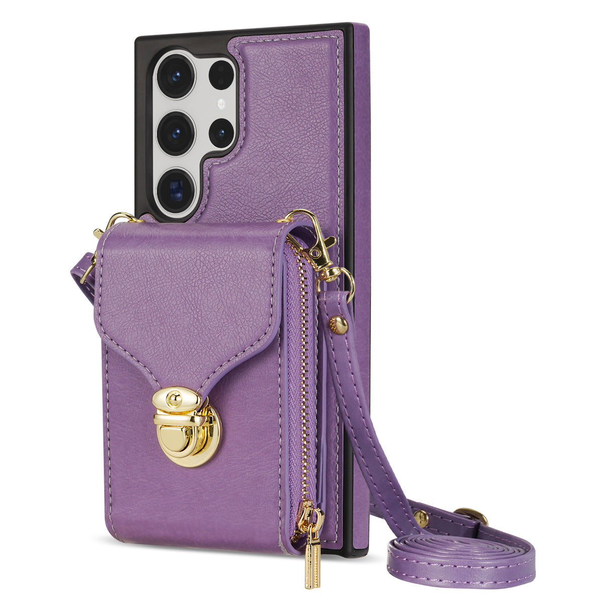 For Samsung Galaxy S23 Ultra Crossbody Card Holder Kickstand Case PU Leather Coated TPU Zipper Phone Cover