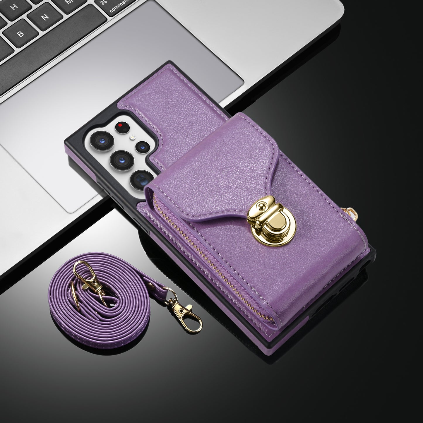 For Samsung Galaxy S23 Ultra Crossbody Card Holder Kickstand Case PU Leather Coated TPU Zipper Phone Cover