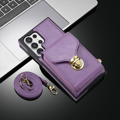 For Samsung Galaxy S23 Ultra Crossbody Card Holder Kickstand Case PU Leather Coated TPU Zipper Phone Cover