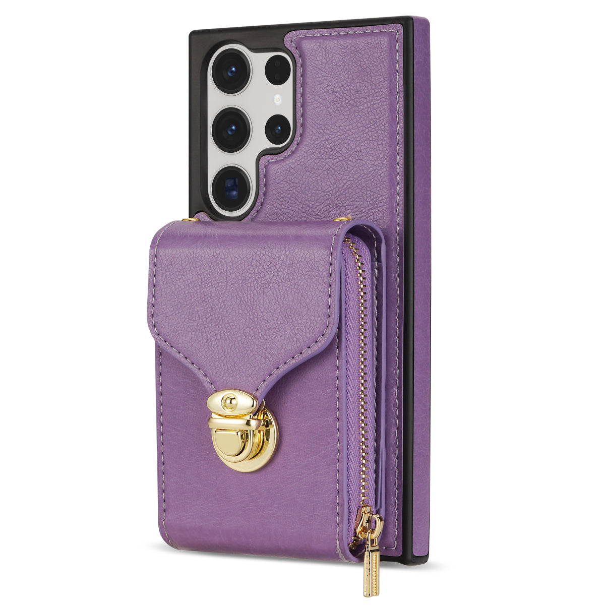 For Samsung Galaxy S23 Ultra Crossbody Card Holder Kickstand Case PU Leather Coated TPU Zipper Phone Cover