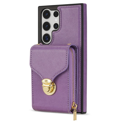For Samsung Galaxy S23 Ultra Crossbody Card Holder Kickstand Case PU Leather Coated TPU Zipper Phone Cover
