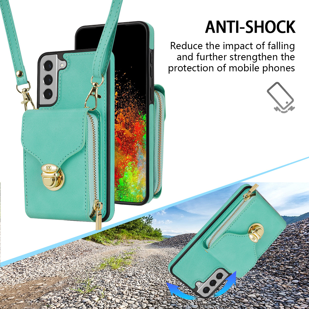 For Samsung Galaxy S22 5G PU Leather + TPU Card Slot Case Kickstand Zipper Phone Cover with Crossbody Strap