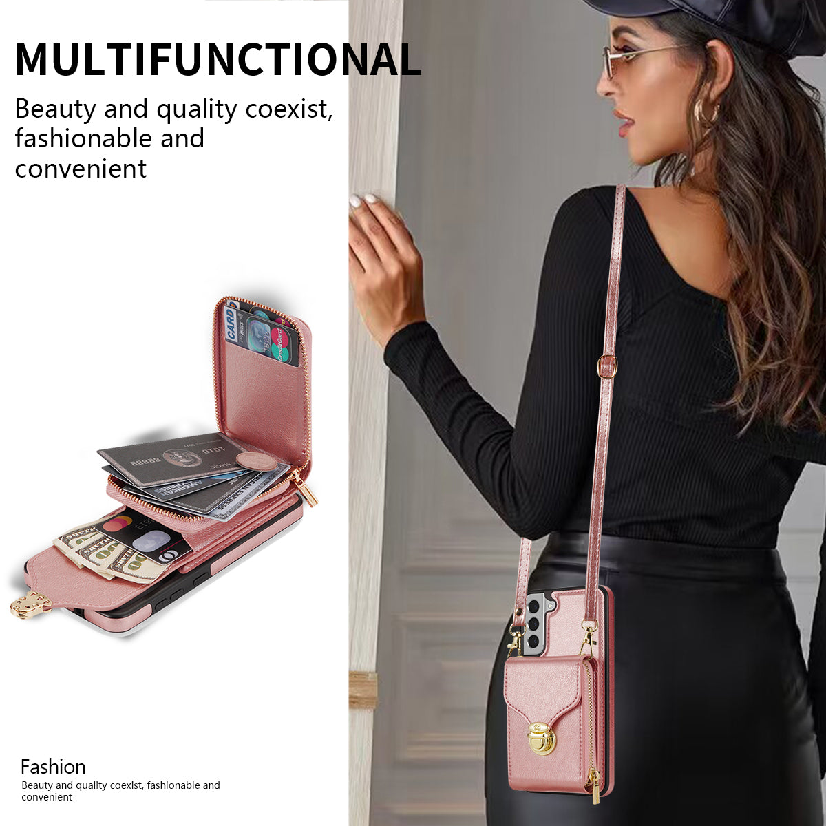 For Samsung Galaxy S22 5G PU Leather + TPU Card Slot Case Kickstand Zipper Phone Cover with Crossbody Strap