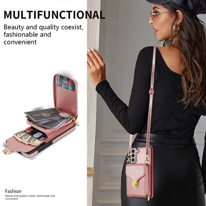 For Samsung Galaxy S22 5G PU Leather + TPU Card Slot Case Kickstand Zipper Phone Cover with Crossbody Strap