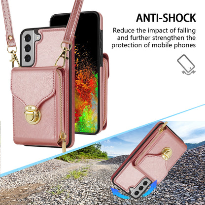 For Samsung Galaxy S22 5G PU Leather + TPU Card Slot Case Kickstand Zipper Phone Cover with Crossbody Strap