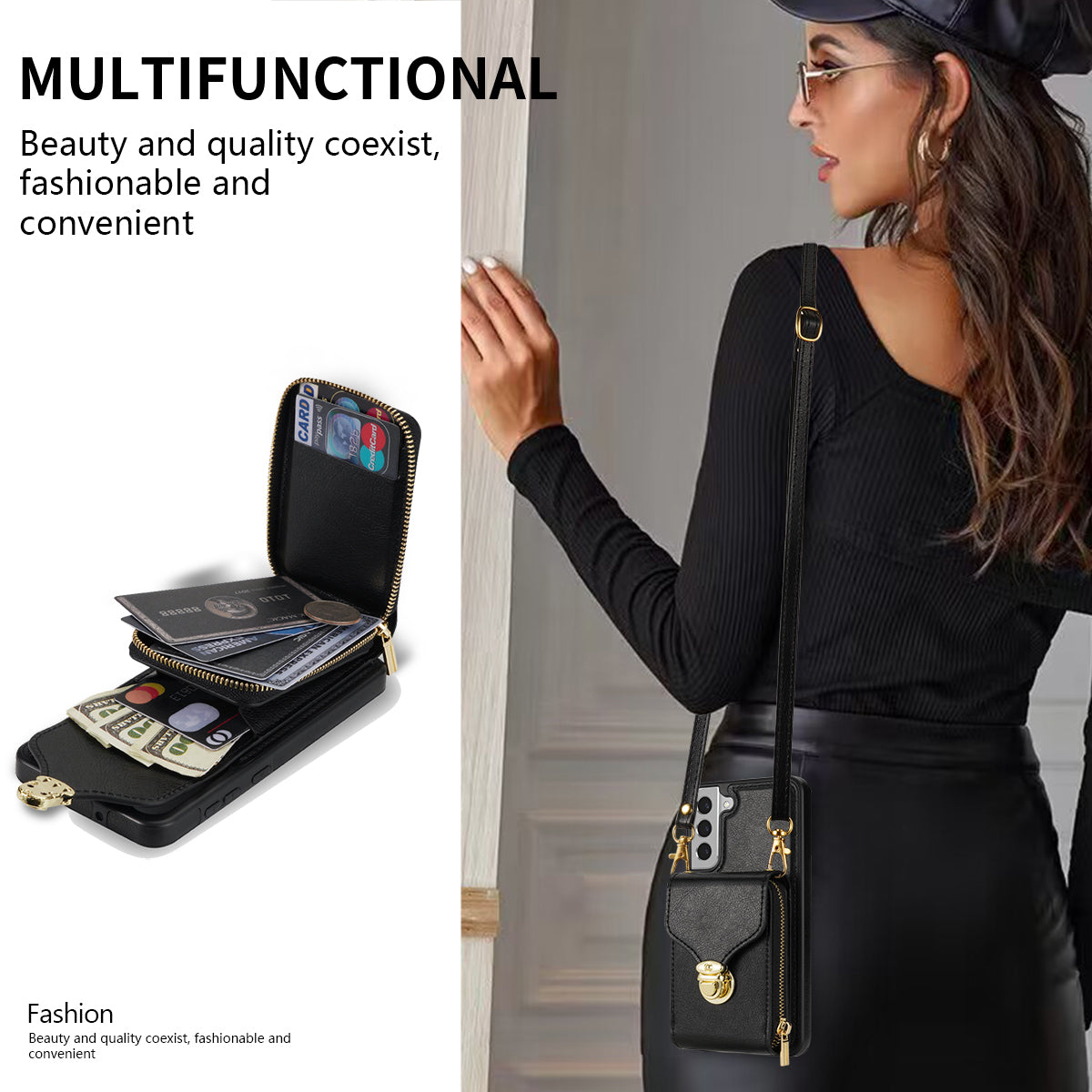 For Samsung Galaxy S22 5G PU Leather + TPU Card Slot Case Kickstand Zipper Phone Cover with Crossbody Strap