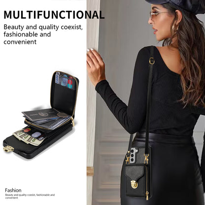For Samsung Galaxy S22 5G PU Leather + TPU Card Slot Case Kickstand Zipper Phone Cover with Crossbody Strap