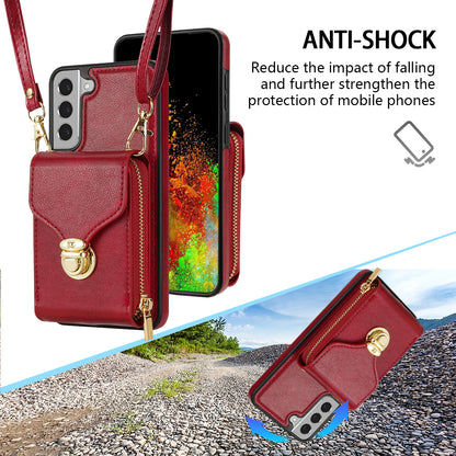 For Samsung Galaxy S22 5G PU Leather + TPU Card Slot Case Kickstand Zipper Phone Cover with Crossbody Strap