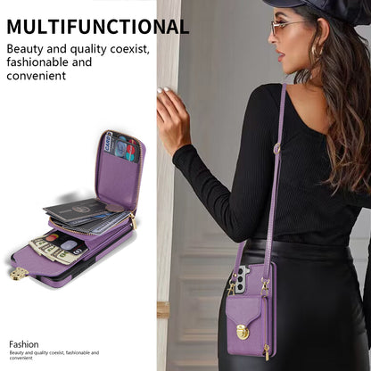 For Samsung Galaxy S22 5G PU Leather + TPU Card Slot Case Kickstand Zipper Phone Cover with Crossbody Strap