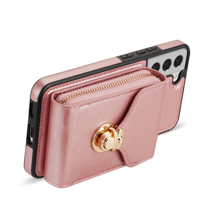 For Samsung Galaxy S22+ 5G PU Leather Coated TPU Cell Phone Case Zipper Card Holder Kickstand Phone Bag Cover