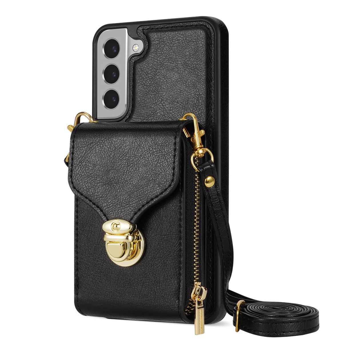 For Samsung Galaxy S22+ 5G PU Leather Coated TPU Cell Phone Case Zipper Card Holder Kickstand Phone Bag Cover