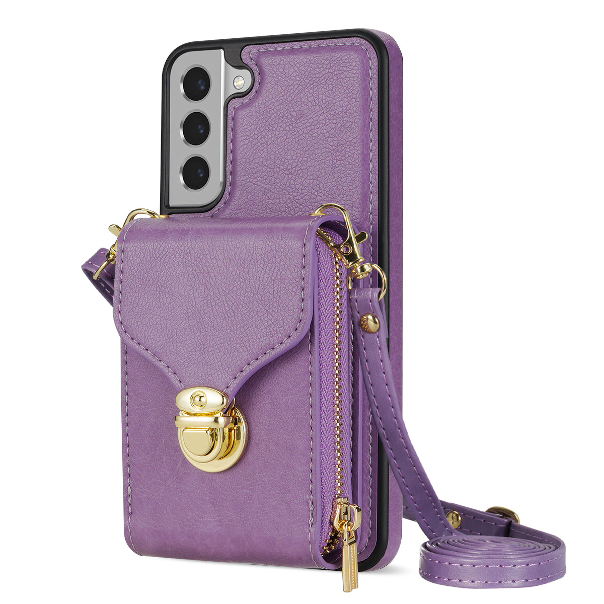 For Samsung Galaxy S22+ 5G PU Leather Coated TPU Cell Phone Case Zipper Card Holder Kickstand Phone Bag Cover