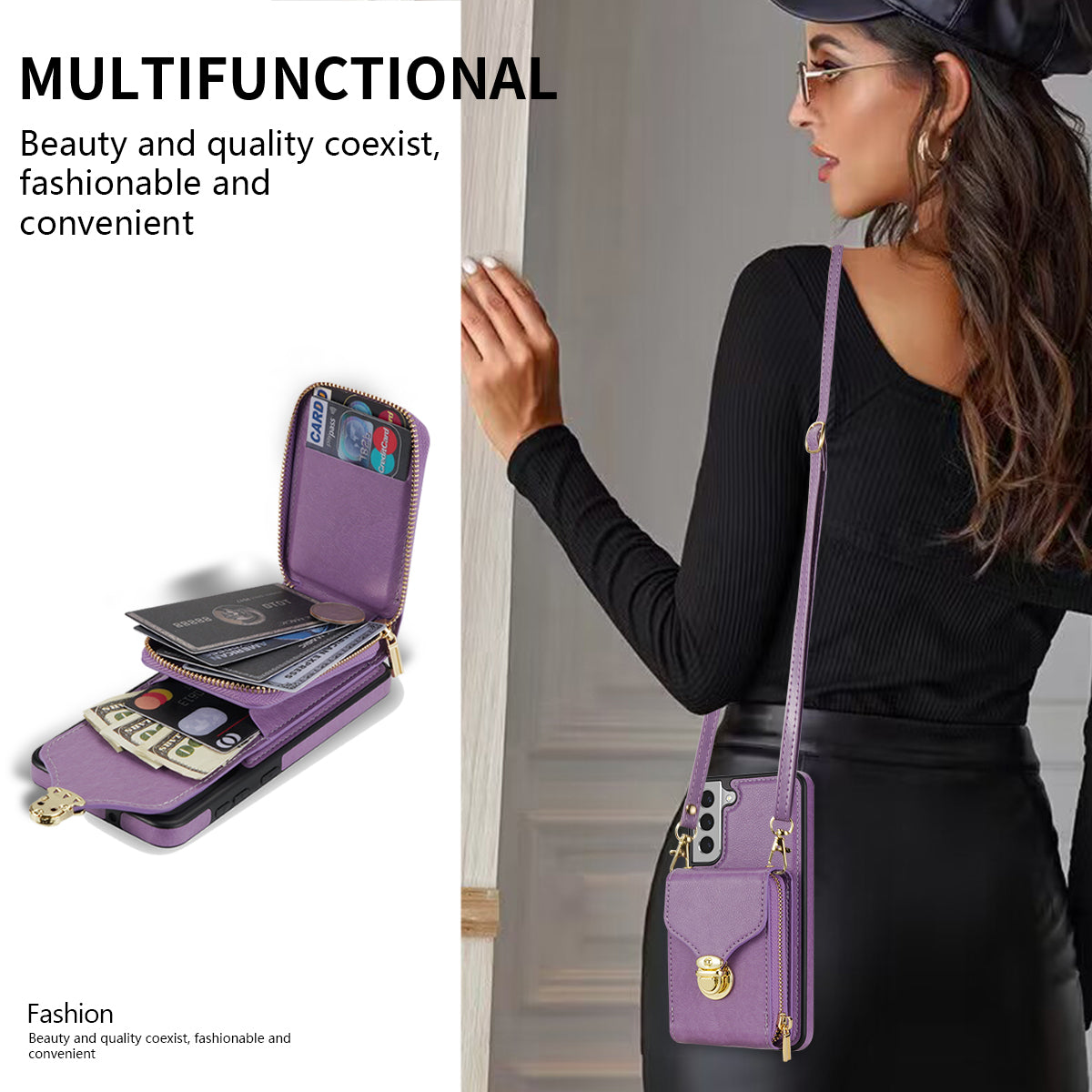 For Samsung Galaxy S22+ 5G PU Leather Coated TPU Cell Phone Case Zipper Card Holder Kickstand Phone Bag Cover