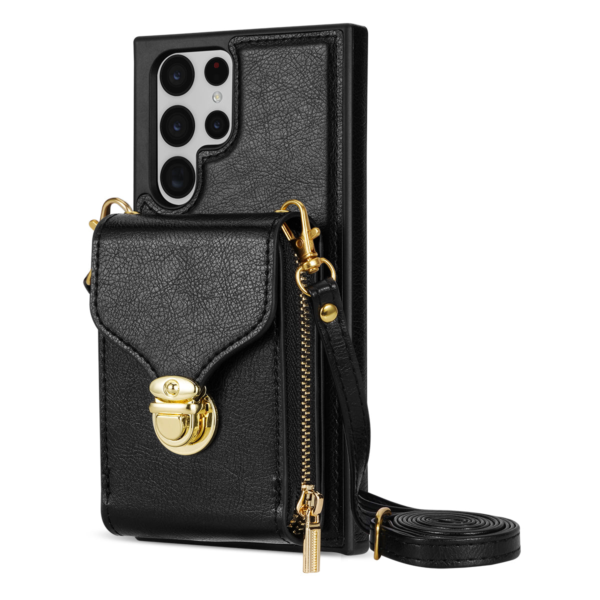 For Samsung Galaxy S22 Ultra 5G Zipper Card Holder Case Crossbody PU Leather + TPU Kickstand Phone Cover